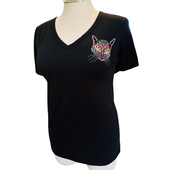 Torrid Black Tattoo Cat Day of the‎ Dead Punk Gothic Halloween Girlfriend Tee 4X - Picture 1 of 3